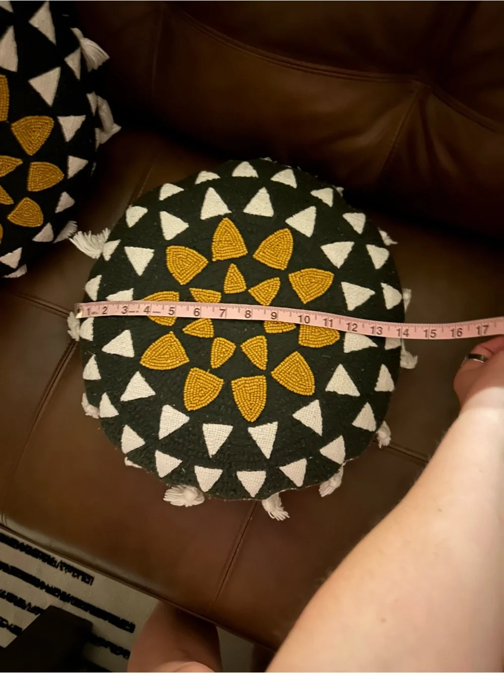 Two Round Decorative Pouf Cushion with Geometric Beadwork-Black, White & Mustard - Picture 4 of 8
